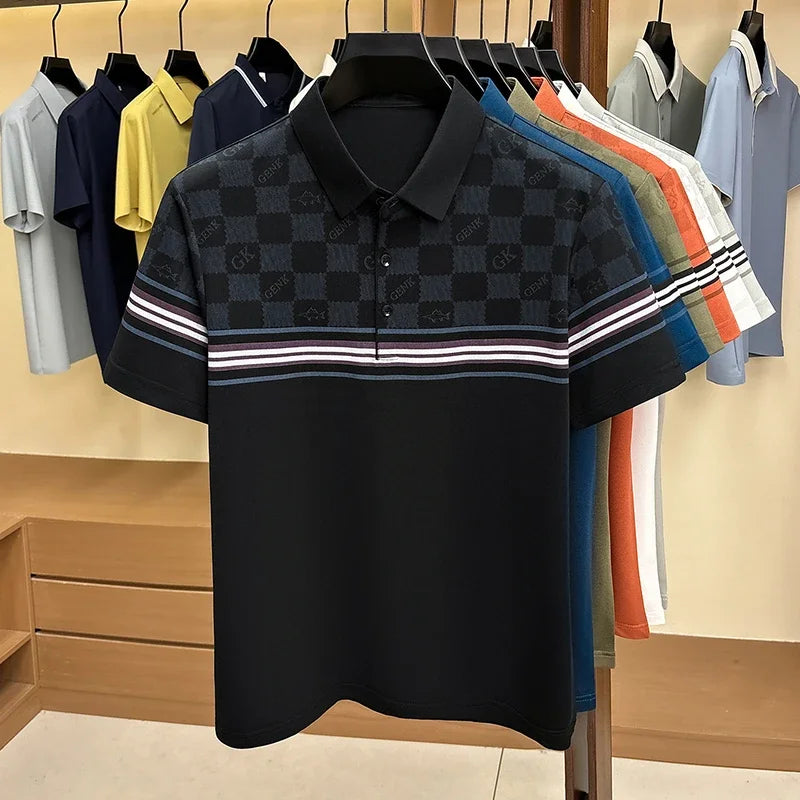 Mens Half Checkered Letter Print Stripe Splicing Short Sleeve Polo Shirts Soft  Breathable Business Casual Tops For Summer Daily