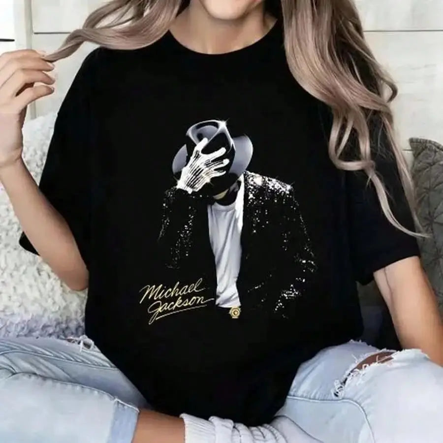 Portrait & Gold Signature Summer Rock Y2k Streetwear Michael Jackson T-Shirt Vintage Graphic Print Tee Casual Loose Top Unisex