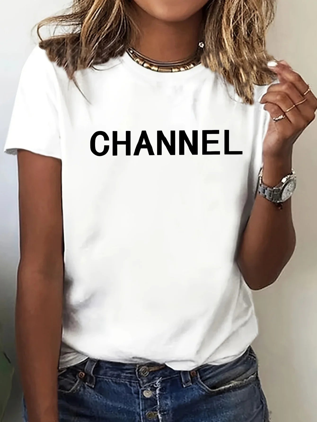 Camiseta gráfica de CANAL de moda elegante informal para mujer lavable a máquina - Top de manga corta con cuello redondo