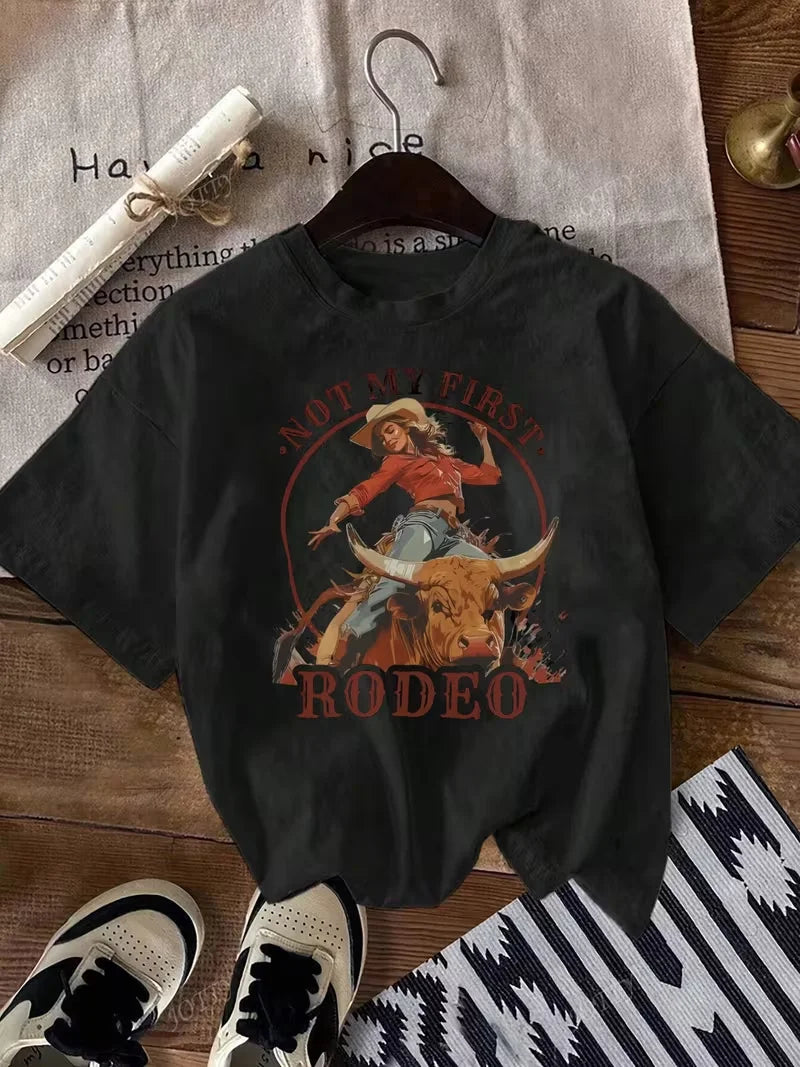 Cowgirl Era Western Graphic Women's T-Shirt, Vintage Cowboy Horse Print Casual Crew Neck Short Sleeve Top, Summer Daily Wear
