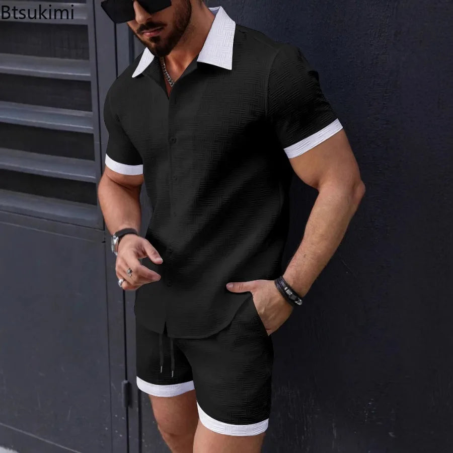 Summer New Men's Casual Two-piece Sets Fashion Classic Lapel Color Matching Short Sleeve Shirt Shorts Loose Sports Beach Outfits