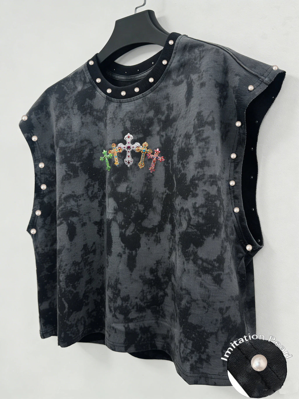 Unisex Cropped Vest with Cross Print and Faux Pearls