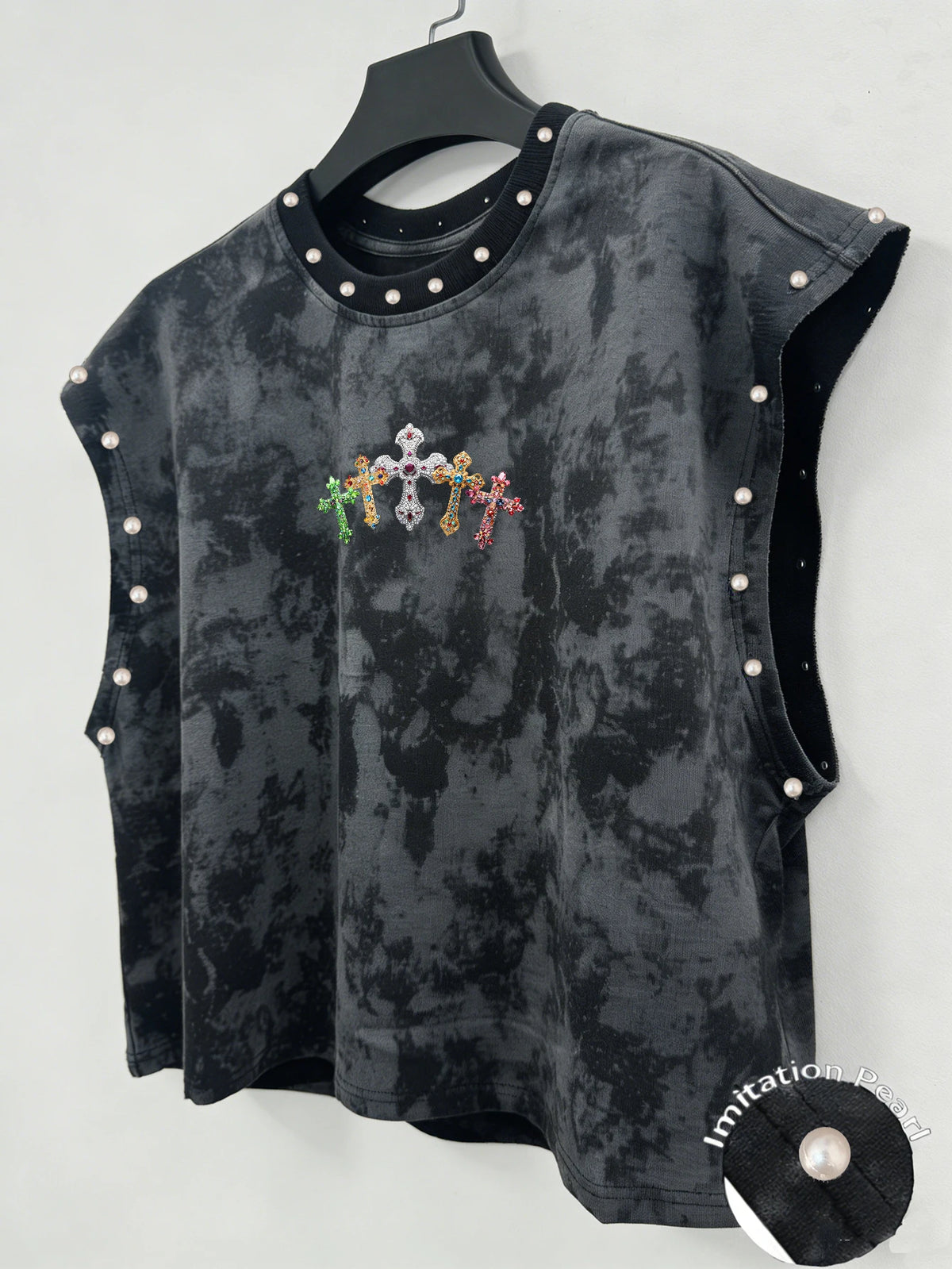 Unisex Cropped Vest with Cross Print and Faux Pearls