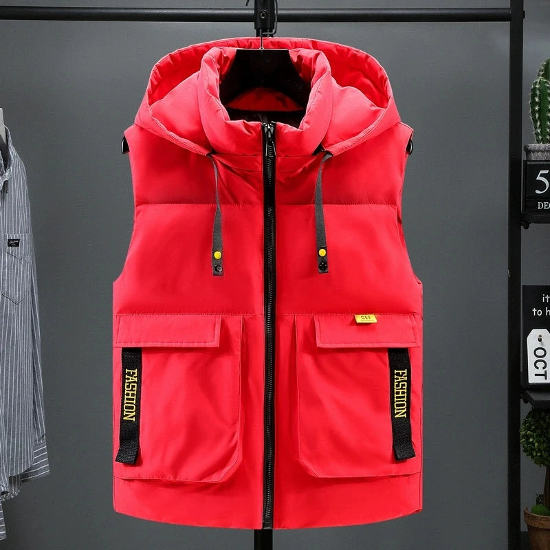Cotton Padded Men Vests Detachable Hooded Sleeveless Jacket Men's Winter Warm Thick Coat Red Outerwear Oversize 8XL