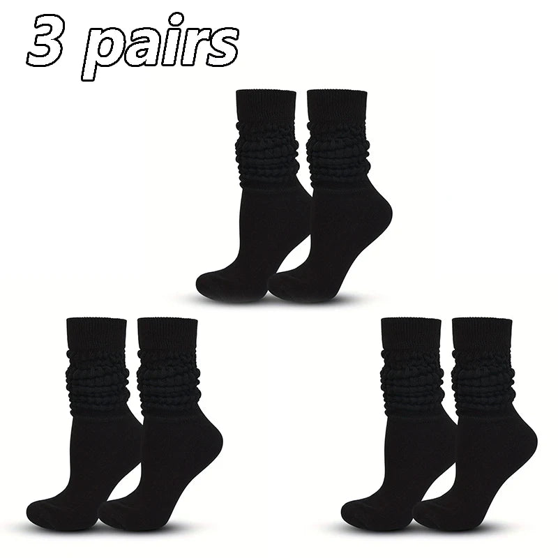 3 Pairs Women Pile Up Socks Fashionable Trendy Versatile White Solid Color Basic Socks Comfortable Breathable Mid Length Socks