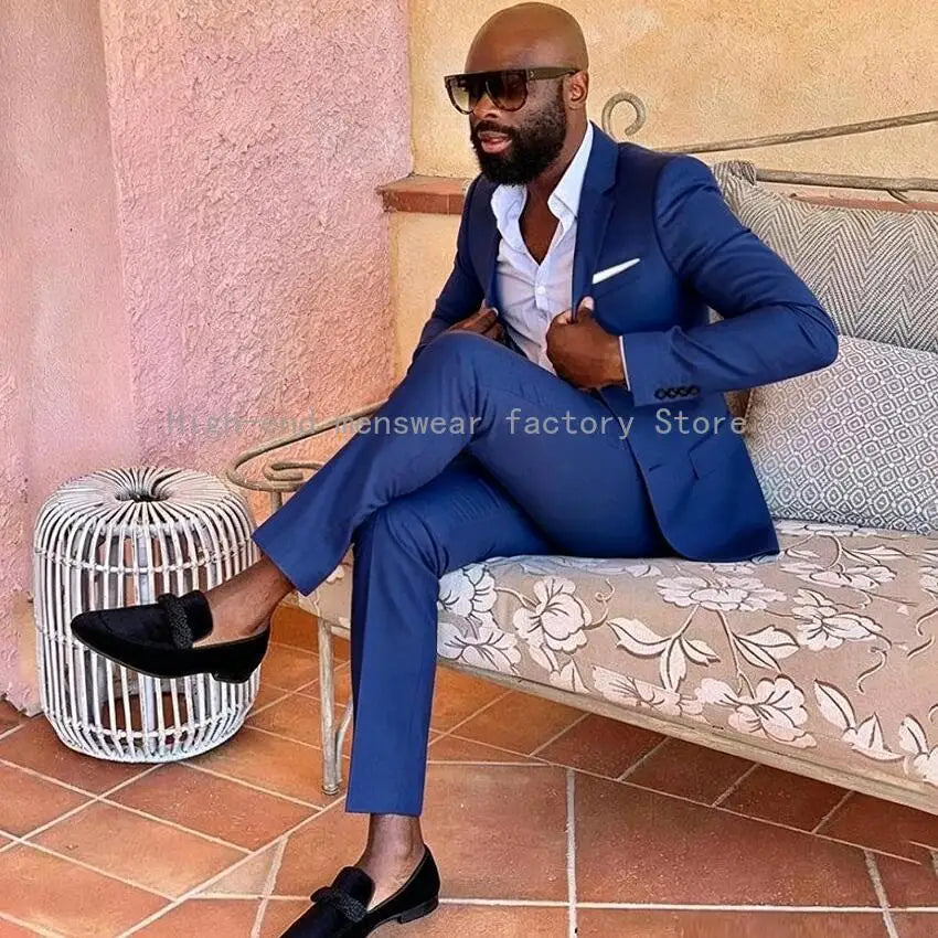 Casual Blue Business Notched Lapel Men Suits for Wedding Suits Man Tuxedos Slim Fit Terno Masculino 2 Pieces (Jacket+Pants)
