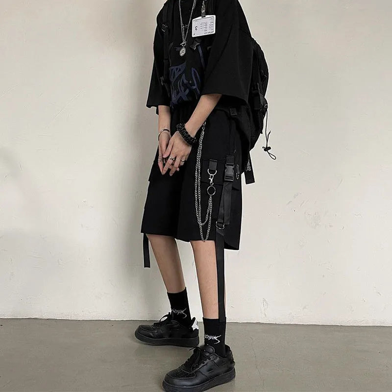 Casual Loose Cargo Shorts Women Harajuku Hip Hop Punk Large Pocket Wide Leg Shorts Fashion Chain High Waist Joggers Short Pants