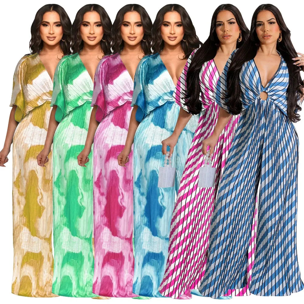 Elegant Women's Printed Pleated Jumpsuit Summer Sexy V-neck Short Sleeve Print High Waist Wide-leg Pants Casual Loose Jumpsuit
