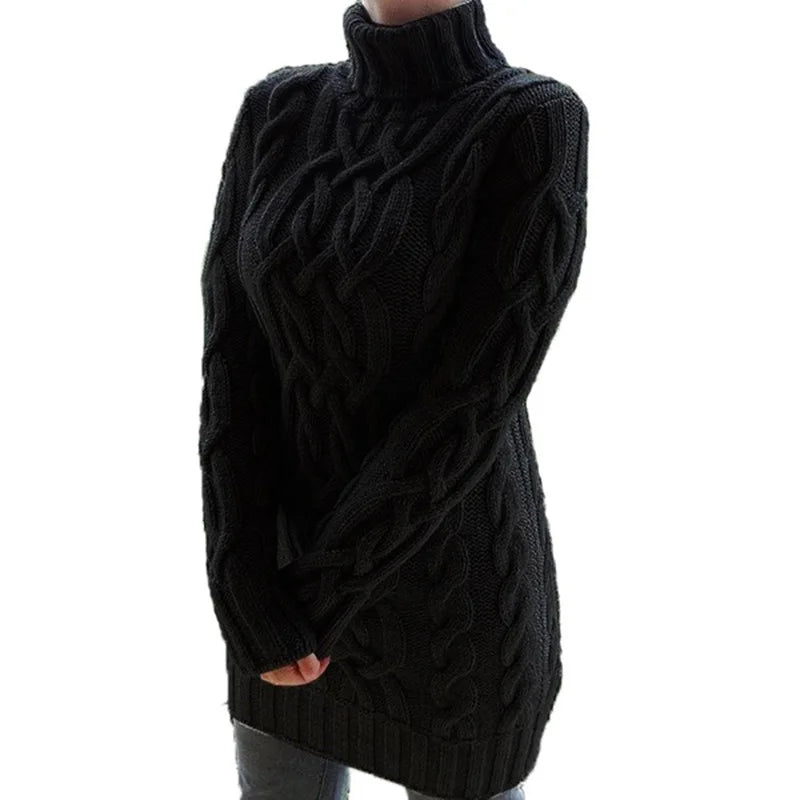 Autumn Winter Thicken Sweater Dresses For Women Turtleneck Long Sleeve Knitted Retro Sweaters Ladies Pullovers Sweater