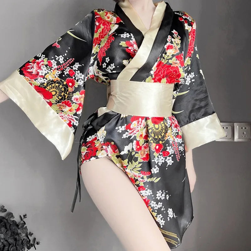 Japanese Kimono Women Bath Robe Sleepwear V-neck Flower Printed Bow Waist Shaping Mini Dress Loose Long Sleeve Night Gown