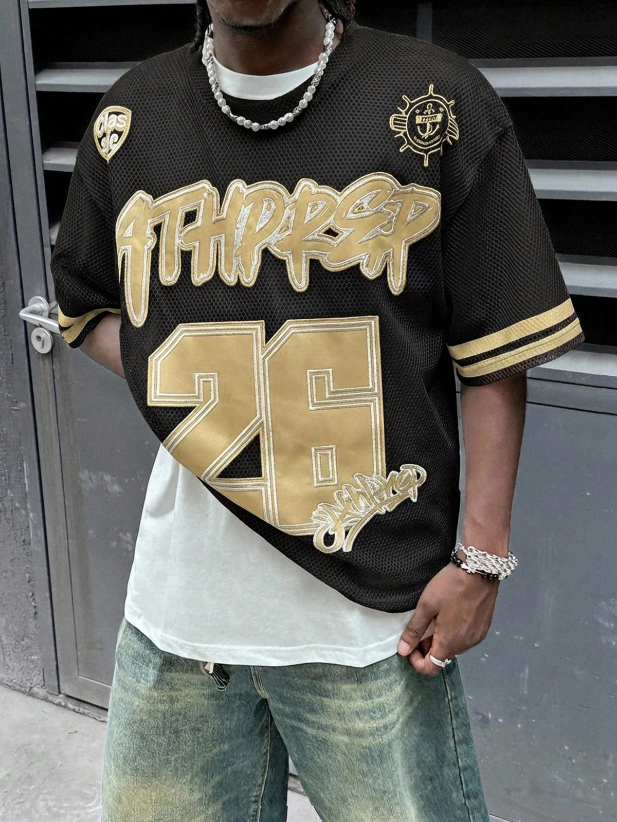 Men Loose Dropped Shoulder Letter Graphic Print Mesh Short Sleeve Jersey T-Shirt, Funny, , For Going Out, Summer Streetwear