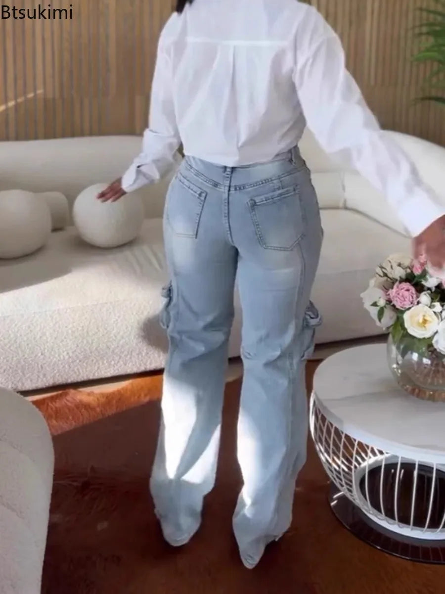 New 2026 Women's Fashion Jeans Cutout Diamonds Crystal Hollow Out Straight Denim Pants for Women Multi Pocket Wide Leg Trousers