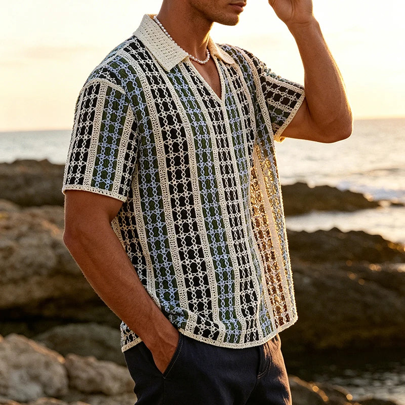 Vintage Mens Short Sleeve Knit Polos Summer Casual Breathable Lapel Knitting Polo Shirt Men Fashion Plaid Jacquard Polo Shirts