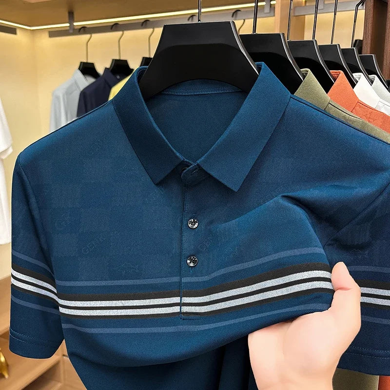 Mens Half Checkered Letter Print Stripe Splicing Short Sleeve Polo Shirts Soft  Breathable Business Casual Tops For Summer Daily