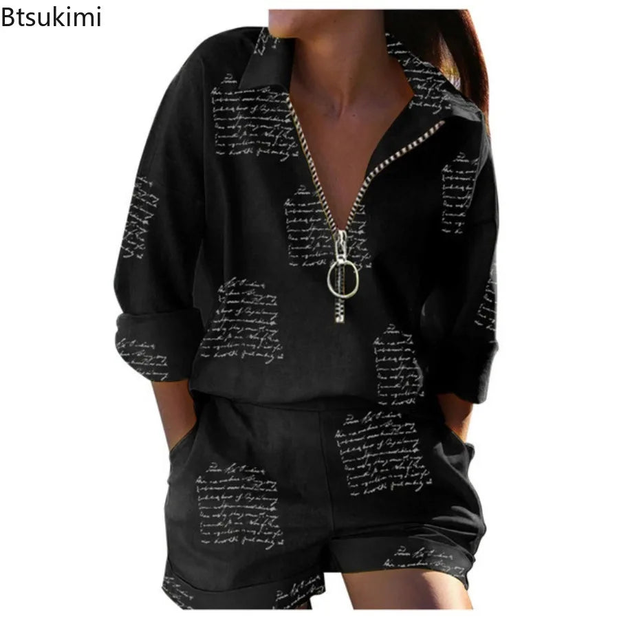 Women Summer Casual Loose Long Sleeve Zipper Tshirt Shorts Set Office Lady Fashion Turn Down Collar Letter Print Two Piece Set