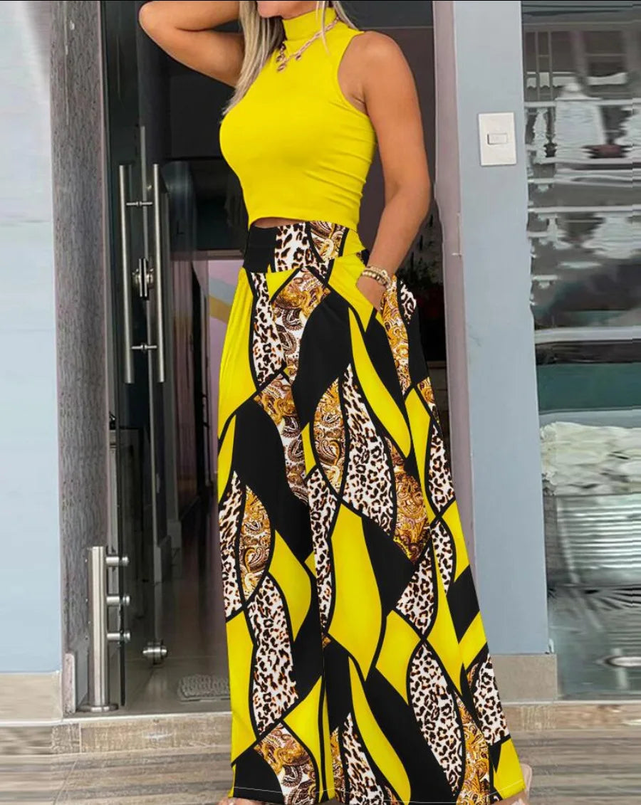 2025 Women's Pants 2 Piece Set  Loose Wide Leg Pants Overall High Waist Sleeveless Printed Fashion Casual pants sets