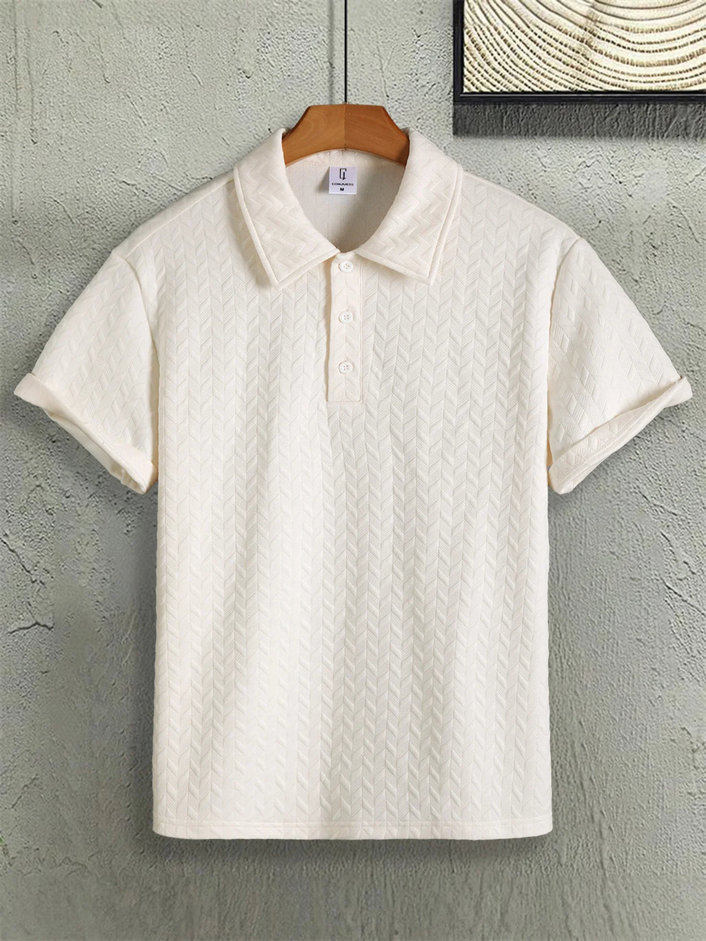 Men's Herringbone Jacquard Texture Polo Shirt with a Turn-Down Collar, Short Sleeves, Button Placket, and Knitted Top. Suitable for a Mature and Professional Look, Summer Casual Wear for Men