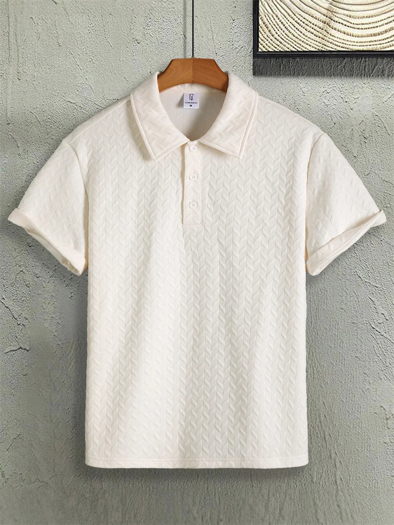 Men's Herringbone Jacquard Texture Polo Shirt with a Turn-Down Collar, Short Sleeves, Button Placket, and Knitted Top. Suitable for a Mature and Professional Look, Summer Casual Wear for Men