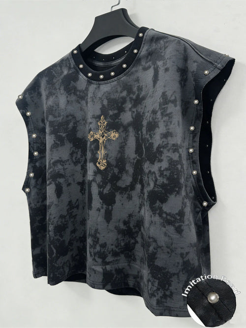 A Unisex, Retro-Style Vest Featuring Angel-Themed Prints and Faux-Pearl Accents—Perfect for Music Festivals.