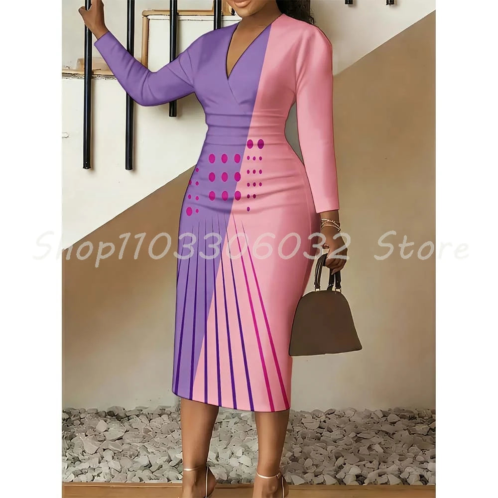 Polka Dot Vertical Stripe Print Bodycon Dress V-Neck Long Sleeve Midi Dress for Women Spring Party Date Night Outfit