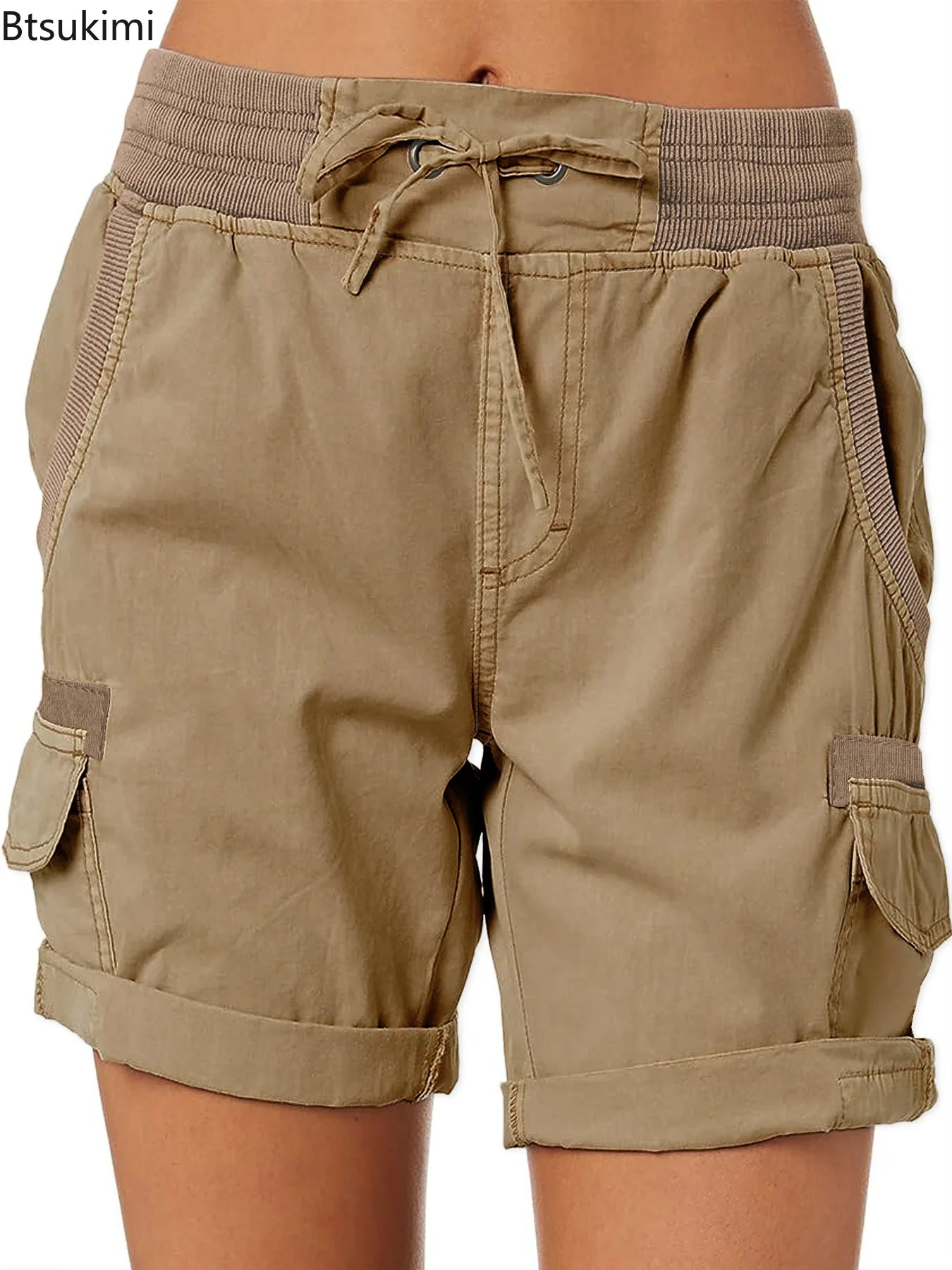 2026 Women's Cargo Shorts Pants Elastic Waist Short Pants Cotton Linen Pocket Summer Beach Solid Color Sliming Breathable Shorts