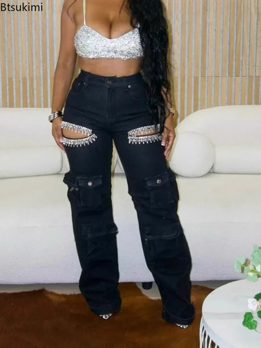 New 2026 Women's Fashion Jeans Cutout Diamonds Crystal Hollow Out Straight Denim Pants for Women Multi Pocket Wide Leg Trousers