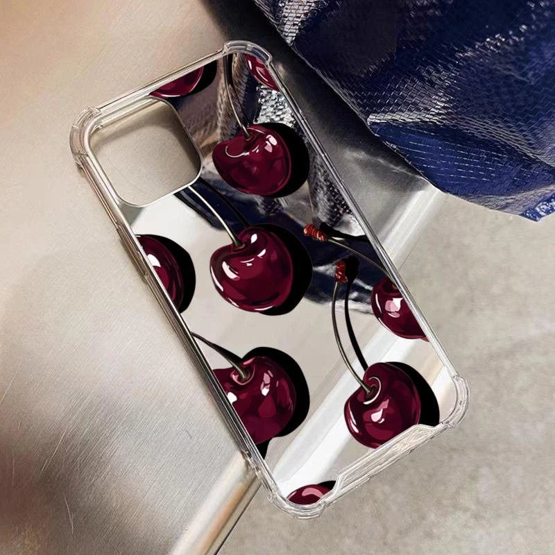 Cute Cherry Pattern Phone Case For iPhone 16 17 Pro Max 15 14 13 12 11 Pro XS X XR 7 8 Plus Make Up Mirror Shockproof Soft Cover