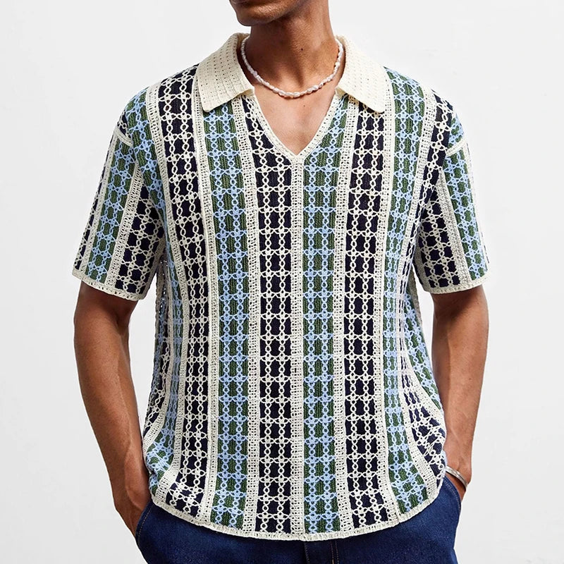 Vintage Mens Short Sleeve Knit Polos Summer Casual Breathable Lapel Knitting Polo Shirt Men Fashion Plaid Jacquard Polo Shirts