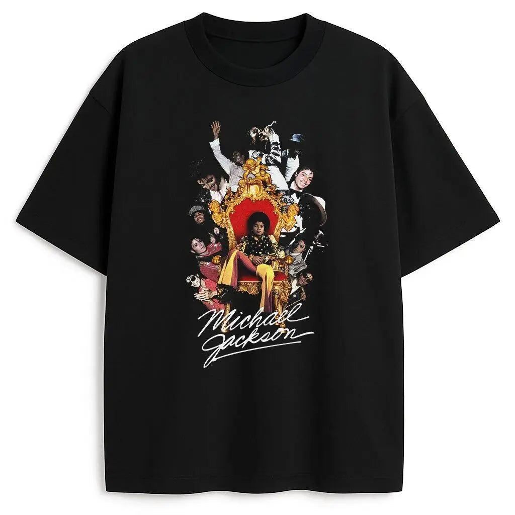 Portrait & Gold Signature Summer Rock Y2k Streetwear Michael Jackson T-Shirt Vintage Graphic Print Tee Casual Loose Top Unisex