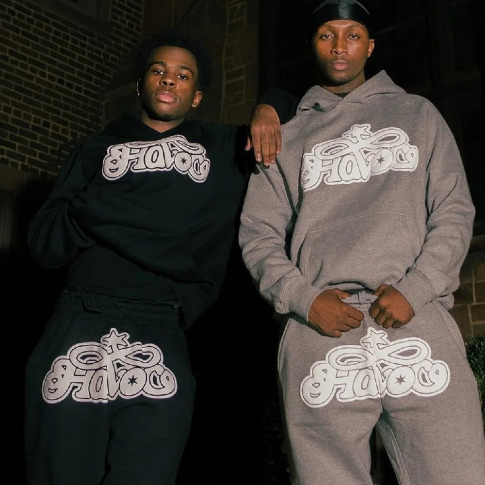 Y2K Harajuku Hip-hop 2 Piece Set Slim Hooded Tops Casual Sweat Pants Suit Men Women Fashion Letter Printed High Street Clothing