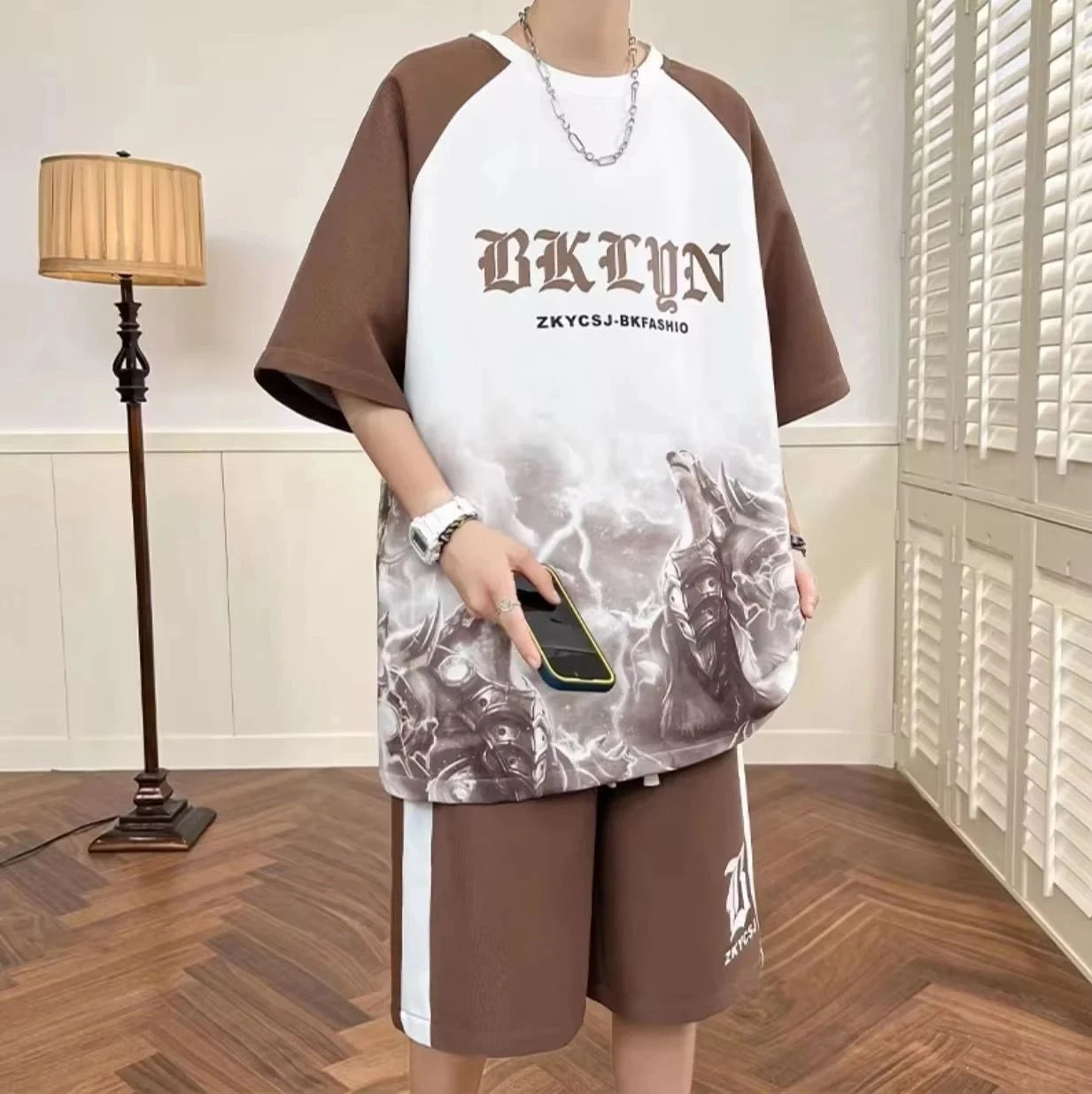 American men's summer fashion letter print comfortable breathable round neck T-shirt drawstring shorts set outdoor casual wear