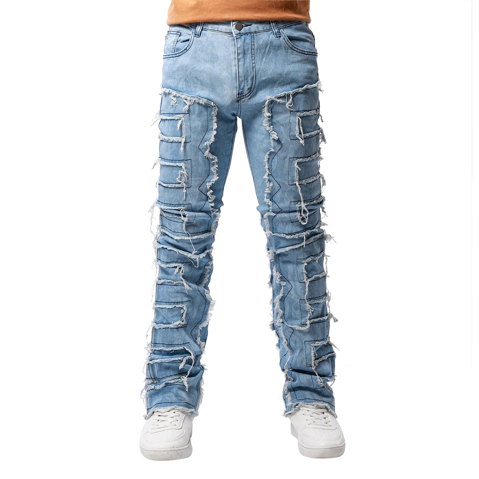 2025 New Men Ripped Stacked Jeans Distressed Slim Fit Skinny Straight Leg Jeans Fashion Hip Hop Denim Pants Casual Streetwear