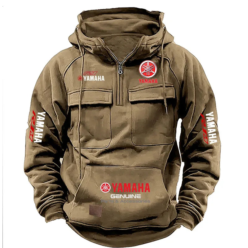 2026 New YAMAHA Logo Motorcycle Racing Race Retro Velvet Half Zipper Hoodie Men's Multi Pocket Autumn/Winter Casual Sweatshirt
