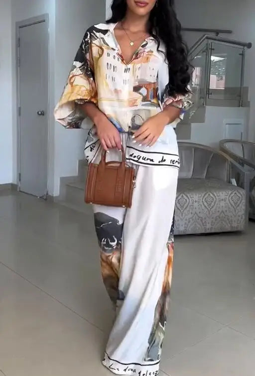 Two Piece Set Women Outfit 2025 Spring New Fashion Print Turn-Down Collar Long Sleeve Loose Shirt & Casual Wide Leg Pants Set