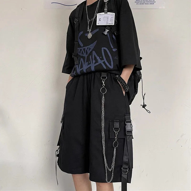 Casual Loose Cargo Shorts Women Harajuku Hip Hop Punk Large Pocket Wide Leg Shorts Fashion Chain High Waist Joggers Short Pants
