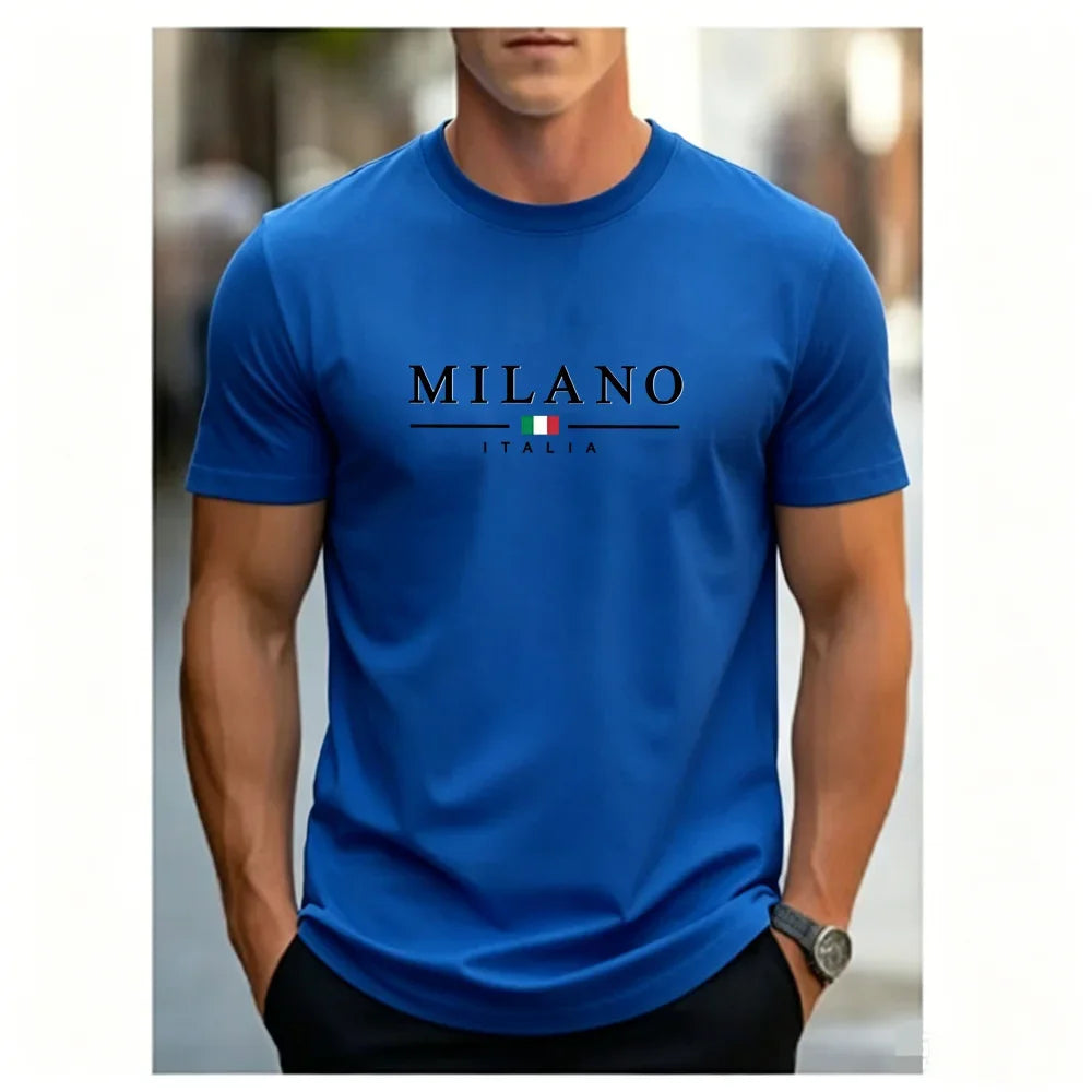 Men's Summer Simple and Fashionable Milan Letter Printed Loose and Comfortable Round Neck Short Sleeved T-shirt Top