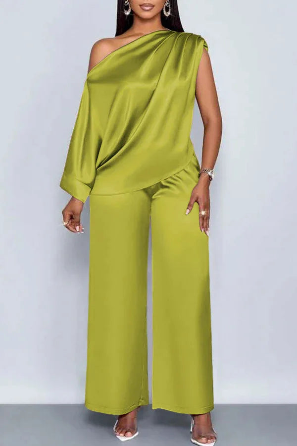 Pant Set Women Two Piece Sets Skew Collar Sexy Slim Fit Tops Wide Leg Long Pants Elastic Waist Y2k Streetwear Elegant 2026