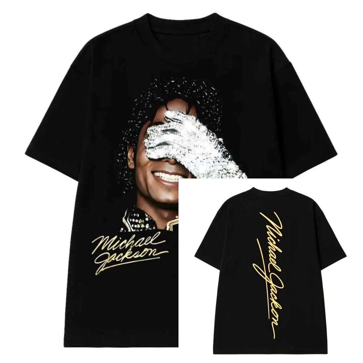 Portrait & Gold Signature Summer Rock Y2k Streetwear Michael Jackson T-Shirt Vintage Graphic Print Tee Casual Loose Top Unisex