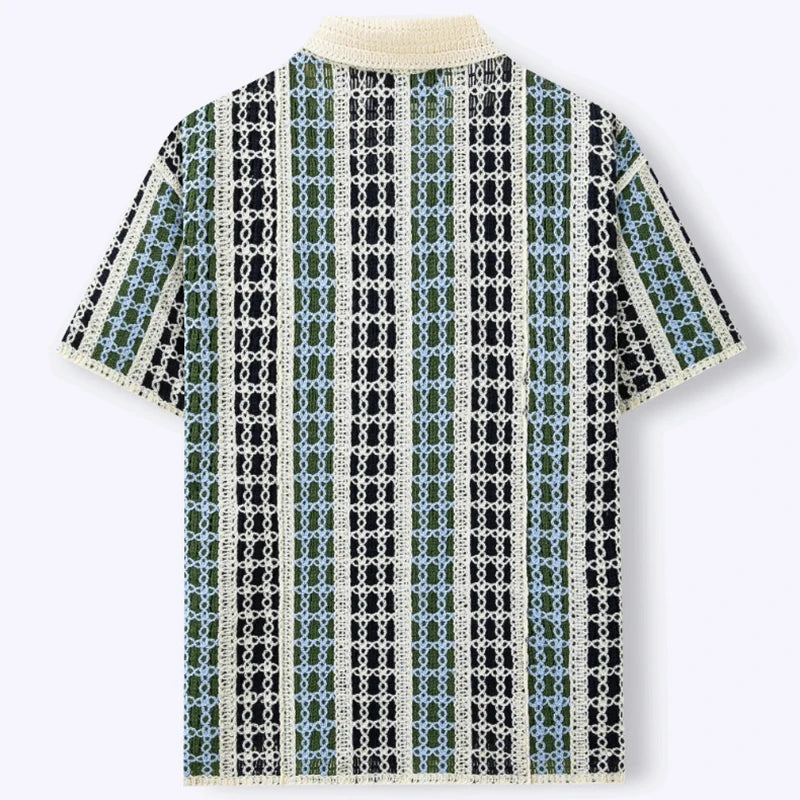Vintage Mens Short Sleeve Knit Polos Summer Casual Breathable Lapel Knitting Polo Shirt Men Fashion Plaid Jacquard Polo Shirts