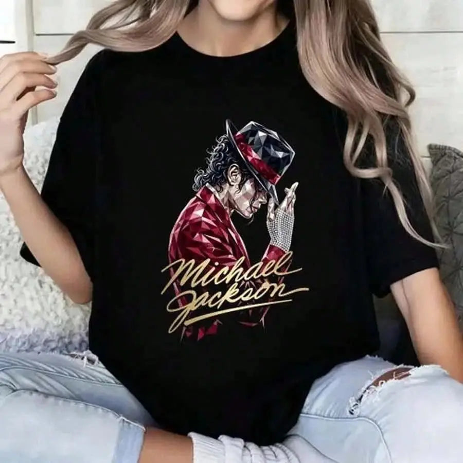 Portrait & Gold Signature Summer Rock Y2k Streetwear Michael Jackson T-Shirt Vintage Graphic Print Tee Casual Loose Top Unisex