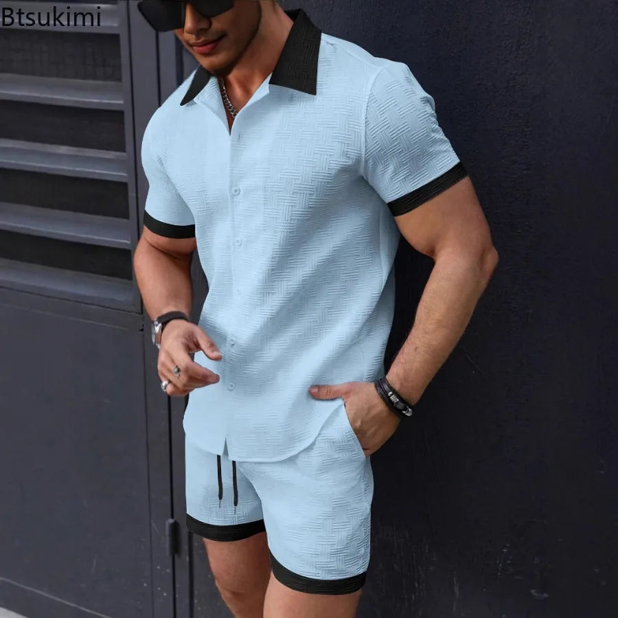 Summer New Men's Casual Two-piece Sets Fashion Classic Lapel Color Matching Short Sleeve Shirt Shorts Loose Sports Beach Outfits