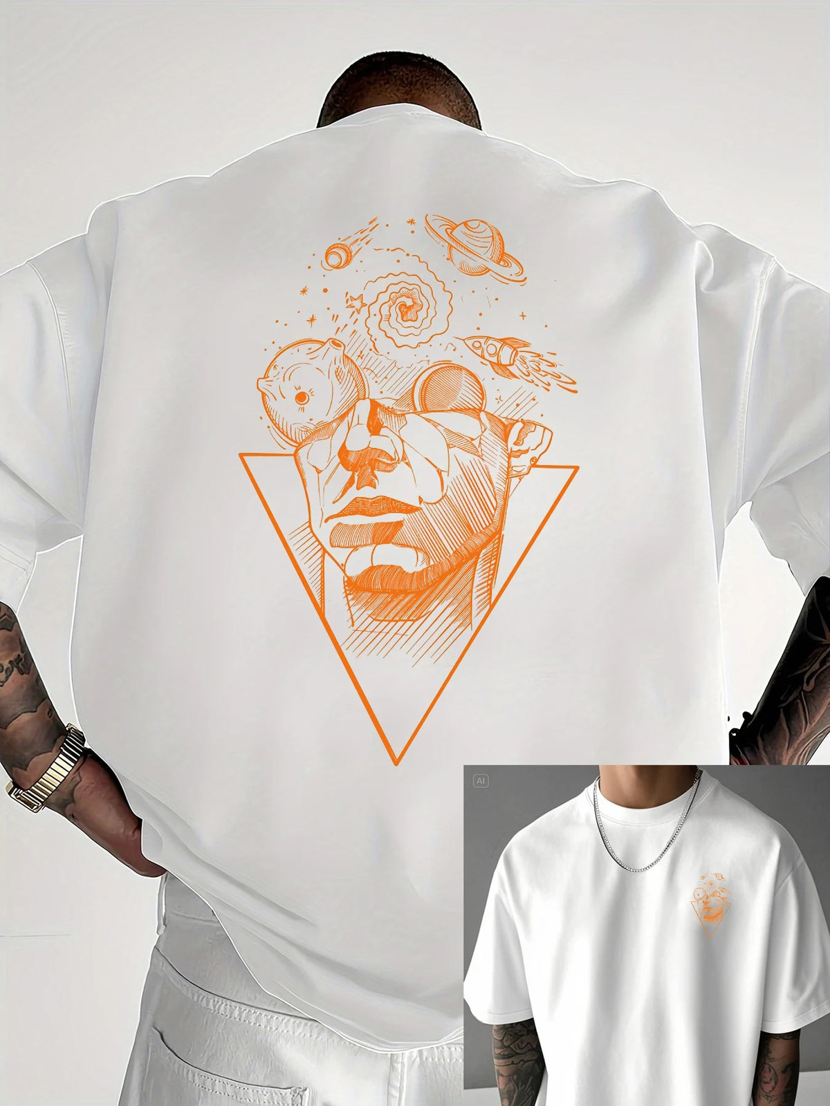 Men's summer 100_ pure cotton casual loose creative pattern front and back printed sports round neck short sleeved T-shirt top