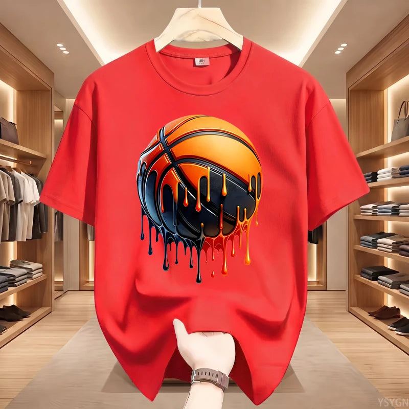 Men's Dripping Basketball Graphic T-Shirt, Streetwear Hip Hop Tee, Oversized Fit, WHITE Top for Men, Trendy Summer Style