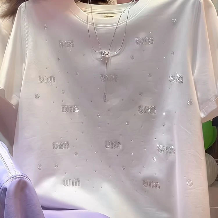 Elegant Short Sleeve T-Shirt Women's Heavy Embellished Diamond Versatile Beautiful Shoulder Slimming Fashionable Top Trendy