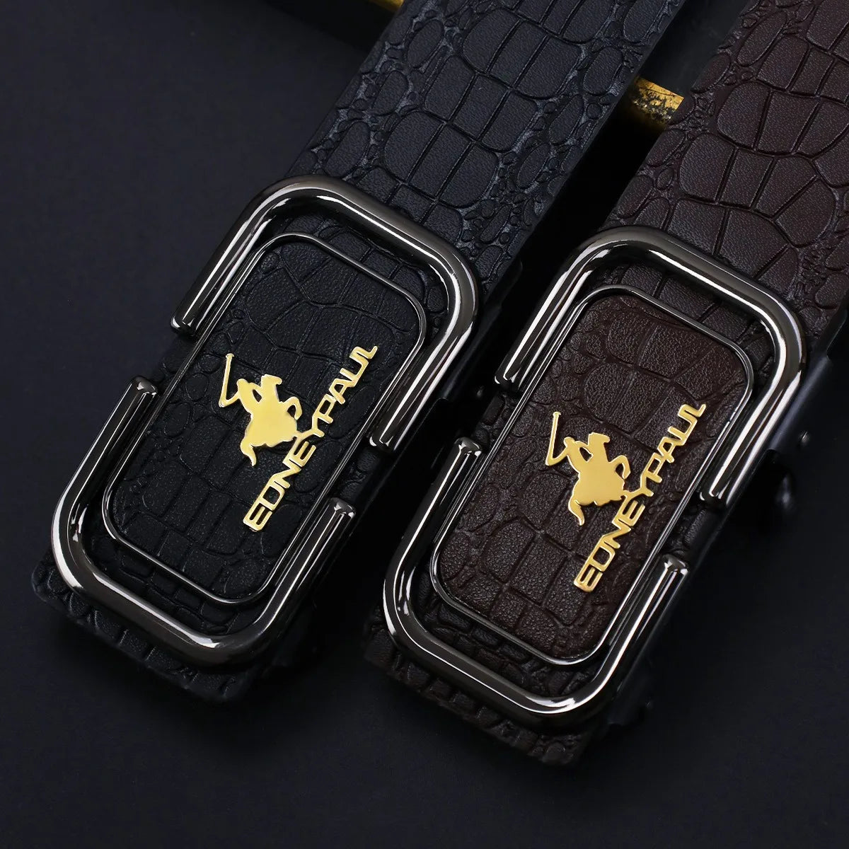 Men's Sleek Automatic Buckle Belt - Genuine FauxwithTextured Square Pattern, Black, Simple & Stylish DesignforCasual Attire