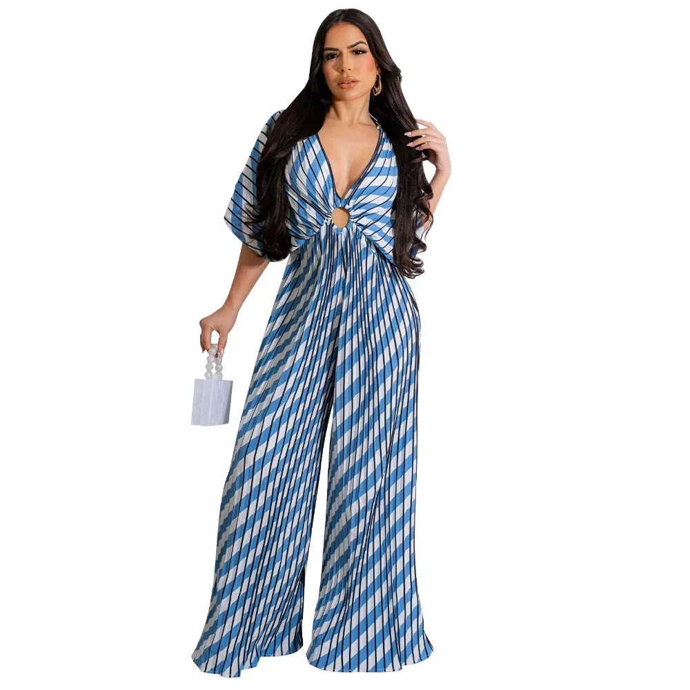 Elegant Women's Printed Pleated Jumpsuit Summer Sexy V-neck Short Sleeve Print High Waist Wide-leg Pants Casual Loose Jumpsuit