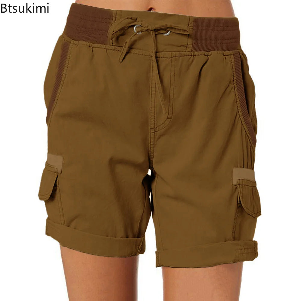 2026 Women's Cargo Shorts Pants Elastic Waist Short Pants Cotton Linen Pocket Summer Beach Solid Color Sliming Breathable Shorts