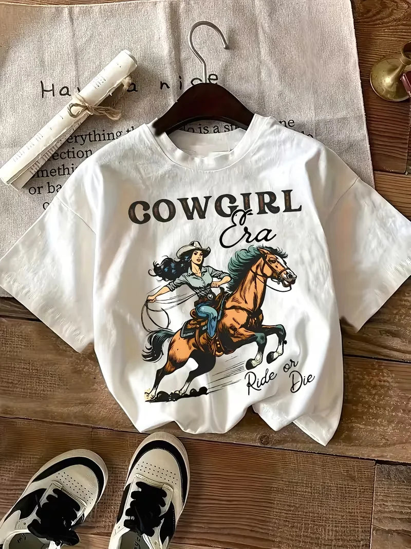 Cowgirl Era Western Graphic Women's T-Shirt, Vintage Cowboy Horse Print Casual Crew Neck Short Sleeve Top, Summer Daily Wear