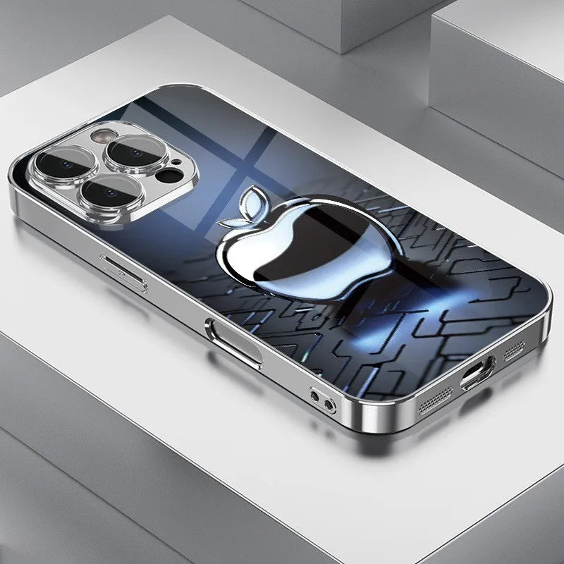 Metal Technology Pattern Phone Case for iPhone 17 16e 16 15 14 13 12 Mini 11 Pro Air Plus Luxury Tempered Glass Cover