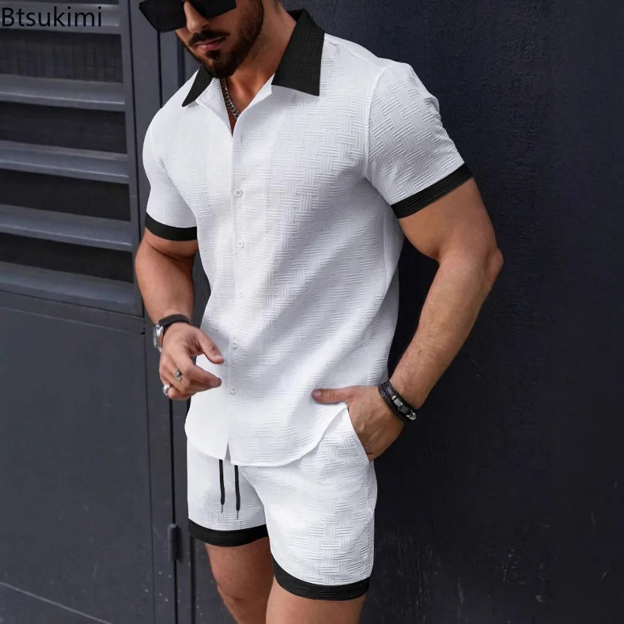 Summer New Men's Casual Two-piece Sets Fashion Classic Lapel Color Matching Short Sleeve Shirt Shorts Loose Sports Beach Outfits